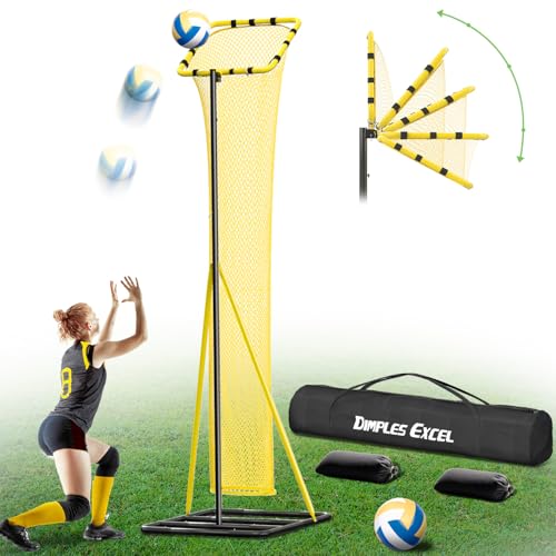 Dimples Excel 10.5 FT Adjustable Volleyball Setter Training Net with 3 Height Levels and 5 Ball Return Angles (70°–180°), Includes Volleyball, Pump, Carry Bag & Sandbags for Indoor/Outdoor Practice