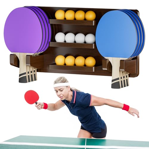 Ping Pong Paddle Holder for 8 Paddles and 12 Ball Storage, Wooden Table Tennis Racket Display Wall Mount Storage Rack, Ping Pong Accessories Organizer in Game Room,Man,Cave,Office,Home, Brown - color: Brown