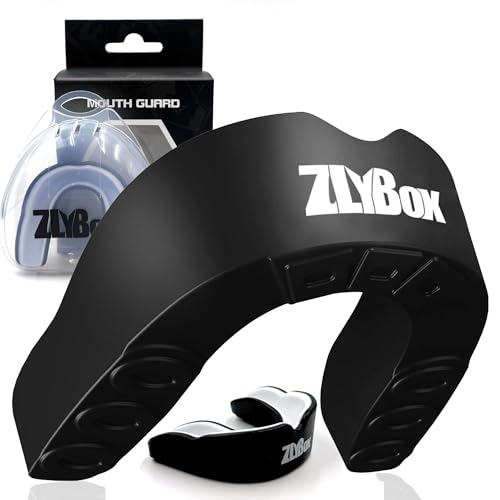 Dual-Layer Sports Mouth Guard for Adults & Youth with Case - Dental Protection for Boxing, Football, MMA, Hockey, Basketball, Lacrosse & All Contact Sports (Black White) - color: Black White