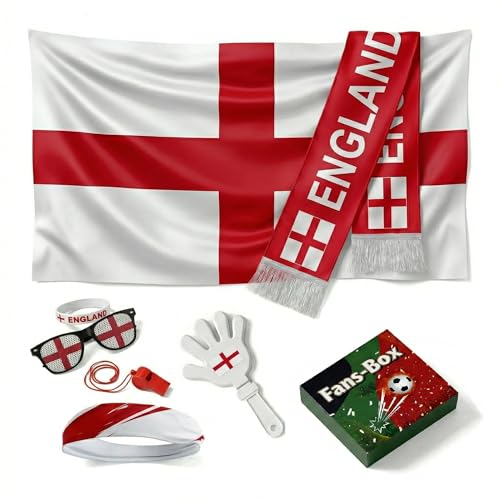 Soccer Fan Gear Set 2026-7 Piece Game Day Kit with Flag, Scarf, Glasses, Whistle, Clapper, Wristband & Headband in Gift Box - Watch Party & Stadium Essentials for England - color: England