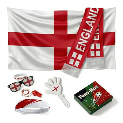 Soccer Fan Gear Set 2026-7 Piece Game Day Kit with Flag, Scarf, Glasses, Whistle, Clapper, Wristband & Headband in Gift Box - Watch Party & Stadium Essentials for England - color: England