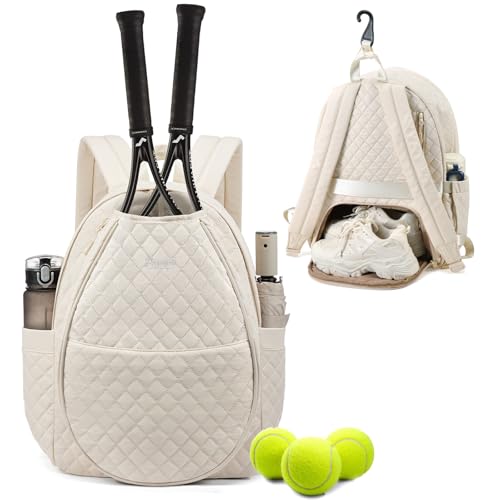 Tennis Bags for Women, Quilted Tennis Racket Bag Backpack for Tennis Racquet, Pickleball Paddles, Badminton - color: Beige, size: Large with Shoe Compartment
