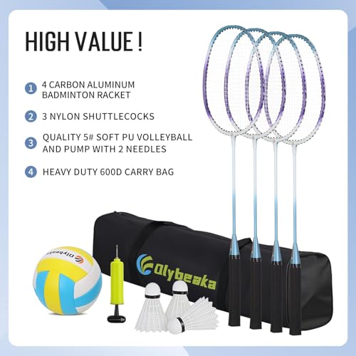 Portable Volleyball & Badminton Combo Net Set for Backyard Beach with 2 Nets (20ft and 32ft), Adjustable Poles, PU Volleyball, Aluminum Rackets and Carry Bag, Quick Setup & Durable