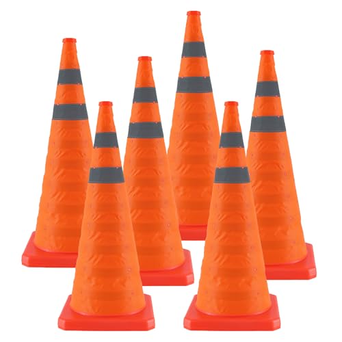 Jade Butterfly 28 Inch 6 Pack Collapsible Traffic Safety Cones, Orange Cones with Reflective Collar, Portable Multipurpose Traffic Cones for Parking Construction Driving Training Sports Practice - size: 28” - 6PACK