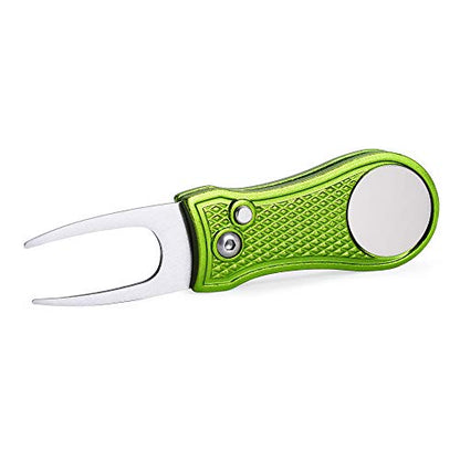 Mile High Life Golf Divot Repair Tool, All Metal Foldable Divot Tool with Pop-up Button & Magnetic Ball Marker - color: Lime Green Bone