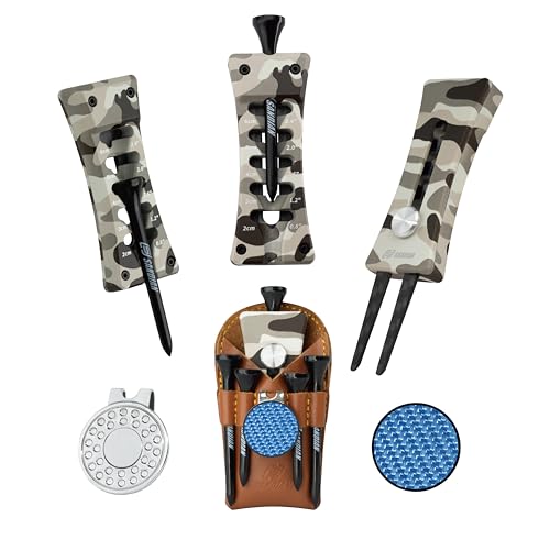 SANDIAN, All-in-1 Value Pak, Adjustable Golf Tee Height Setter with Divot Tool, Genuine Carbon Fiber Made Pitchfork, Super Lightweight, T800 Ball Marker, Hat Clip, Tees, Leather Holster, Zipper Case - color: Camouflage Full