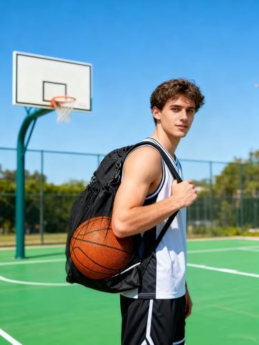 SSZYace Basketball Backpack for Boys Men Women Drawstring Backpack Basketball Bag - color: Black