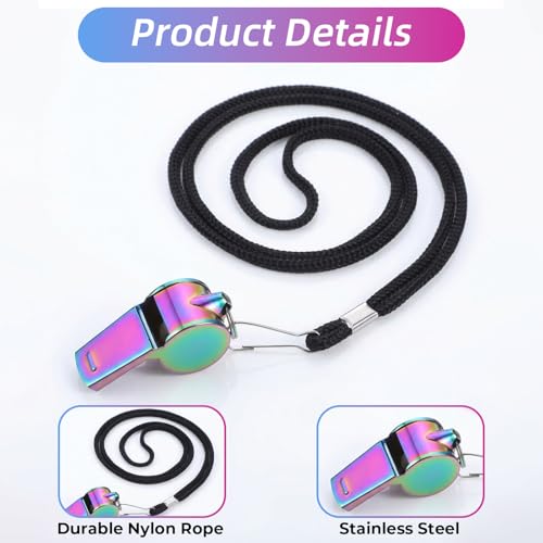 2Pcs Whistle Stainless Steel, Coach Sports Whistles with Lanyard, Loud Crisp Sound Metal Whistles for Sports, Coaching, Referees & Physical Education, Colorful Backpack Whistle