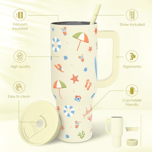 SANDJEST Beach 40oz Tumbler with Handle and Straw, Insulated Stainless Steel Travel Coffee Mug for Women Girls Beach Lovers, Gift Idea for Birthday Christmas Mothers Day Summer Vacation (Color) - color: Beach Lover 1