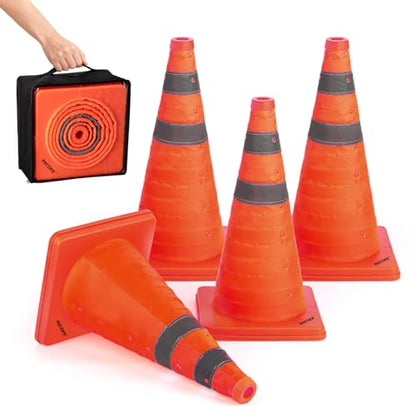 [4 Pack] 18 Inch Collapsible Traffic Safety Cones, Orange Cones, Multi Purpose Pop-up Cones with Reflective Collar, for Road Parking, Driving Practice