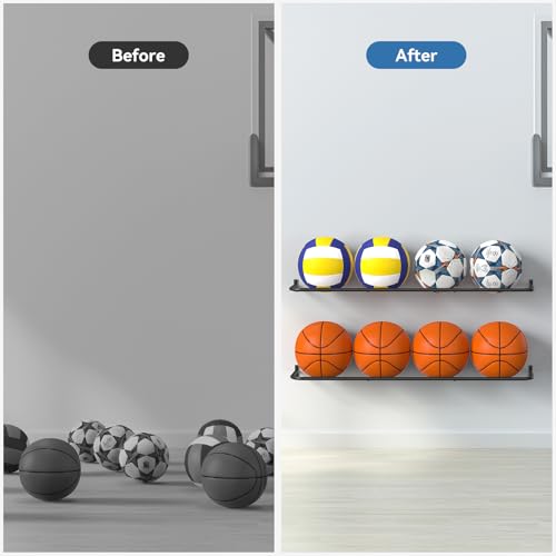 Ball Rack Wall Mount with 2 Separate Shelf, Basketball Holder Storage Wall Mount with 8 Ball Capacity, Garage Sports Equipment Organizer