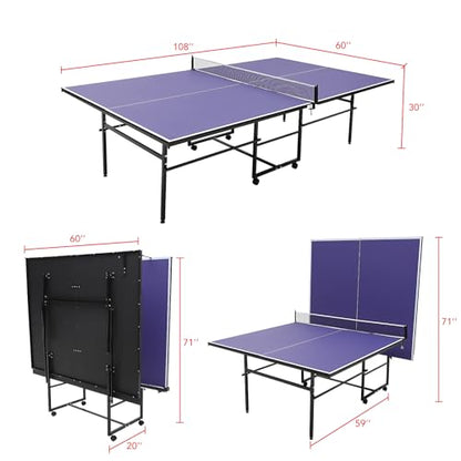 Portable Table Tennis Tables– Professional Outdoor Ping Pong Table Game, Foldable Ping Pong Game Set for Indoor/Outdoor, Ping Pong Table Top with Net, 2 Paddles and 3 Balls, Playback Mode - size: 9FT