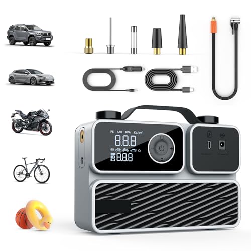 Tire Inflator Portable Air Compressor, Air Pump for Car Tires 150PSI Cordless Rechargeable Battery and 12V DC, Electric Bike Pump with Pressure Gauge, Auto Shutoff, for Ball, Motorcycle