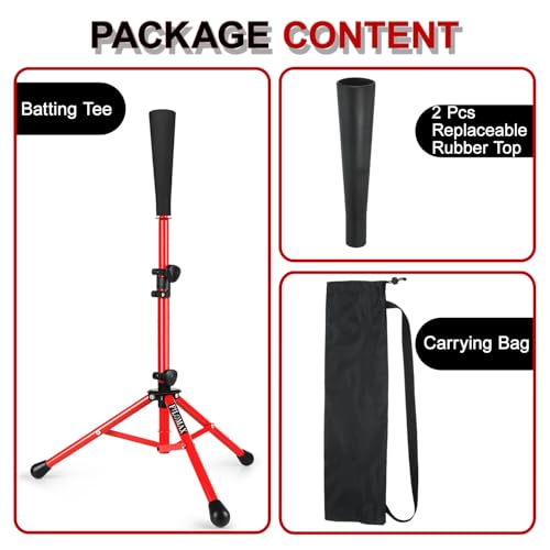 Batting Tee,Baseball Tee,Softball Tee, for Kids,Teens,Adults Baseball Hitting Practicing. Include 2 Pcs Replaceable Rubber Ball Seat and Carrying Bag.Adjustable Height - color: red