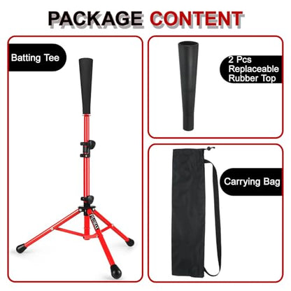 Batting Tee,Baseball Tee,Softball Tee, for Kids,Teens,Adults Baseball Hitting Practicing. Include 2 Pcs Replaceable Rubber Ball Seat and Carrying Bag.Adjustable Height - color: red