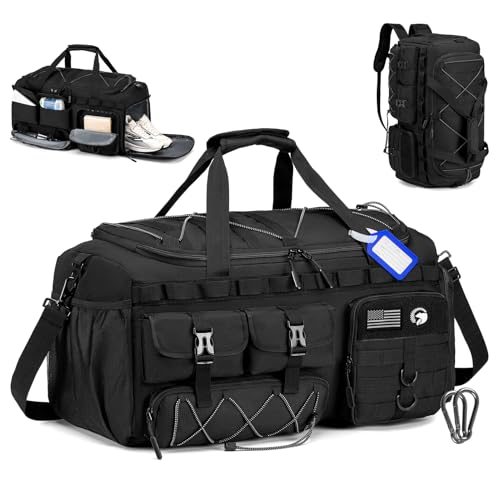 Gym Bags for Men with Shoe Compartment 60L Tactical Duffle Bag 3 in 1 Carry on Duffel Bag Travel Backpack Weekender Overnight Range Bag for Workout Football, Black