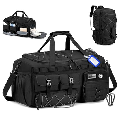 Gym Bags for Men with Shoe Compartment 60L Tactical Duffle Bag 3 in 1 Carry on Duffel Bag Travel Backpack Weekender Overnight Range Bag for Workout Football, Black