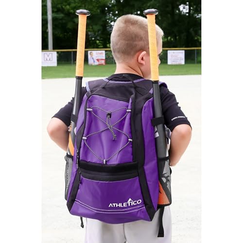 Athletico Youth Baseball Bag - Bat Backpack for Baseball, T-Ball & Softball Equipment & Gear | Holds Bat, Helmet, Glove | Fence Hook - color: Purple
