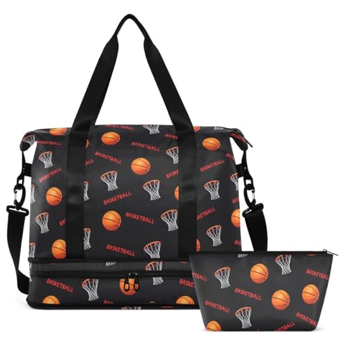 ALAZA Basketball Net Black Travel Duffel Bag Tote Bag Multi Compartment Weekender Overnight Bag with Wet Pocket for Travel Men Women