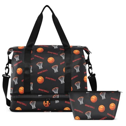 ALAZA Basketball Net Black Travel Duffel Bag Tote Bag Multi Compartment Weekender Overnight Bag with Wet Pocket for Travel Men Women