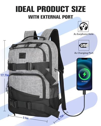WOLT Skateboard Backpack, 15.6 Inch Laptop Backpack for Men Women, Sports Backpack with Ball Holder - color: Grey
