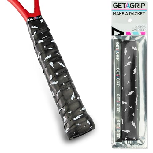 Get A Grip Racket Overgrips – Anti-Slip Tennis Grip Wrap, Sweat Absorbent & Quick-Dry Handle Tape for Tennis, Padel & Pickleball - color: Charged Up Black, size: 3 Grips