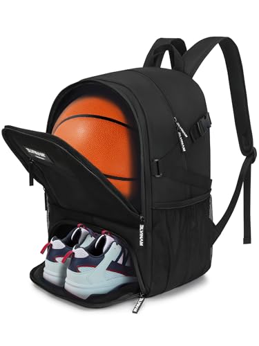 Basketball Backpack with Ball Holder & Shoe Compartment, Large Sports Bag for Men Women, Water Resistant Gym Backpack for Soccer, Football, Volleyball – Black