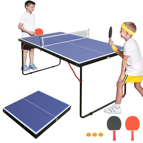 Ping Pong Table Foldable Table Tennis Table with Net, Table Tennis Paddles and Balls, 4.5FT/6FT/9FT MDF Multi-Use Family Game Table for Kid Teenager Adult, Compact & Portable - color: 4.5FT-Blue Table/54''x30'', size: 4.5FT/54''x30''