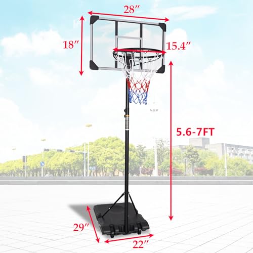 Portable Basketball Hoop, 5.6ft - 7ft Adjustable Basketball Hoop Goal System for Teenagers and Adults in Outdoor/Indoor, 28 Inch Shatterproof Backboard and Wheels