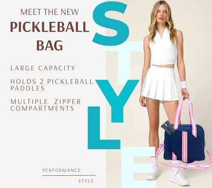 Pickleball Sports Tote Bag with Racket Holder, Neoprene, Adjustable Shoulder Strap - color: Navy Blue