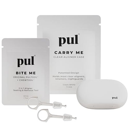 PUL Aligner Care Convenience Kit – Case + 2-in-1 Tool for Invisalign, Retainers, Partial Dentures, Mouth & Night Guards & More – White Case & 2-Pack of White Aligner Seating Chewie & Removal Tool - color: White Combo