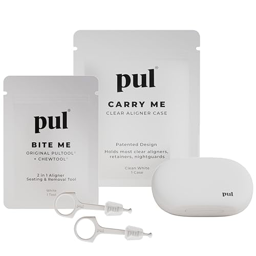 PUL Aligner Care Convenience Kit – Case + 2-in-1 Tool for Invisalign, Retainers, Partial Dentures, Mouth & Night Guards & More – White Case & 2-Pack of White Aligner Seating Chewie & Removal Tool - color: White Combo
