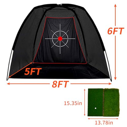 Golf Net - 8x6x5 FT Practice Hitting Net with Foldable Tri-Turf Mat & Target for Indoor Outdoor Chipping Swing Training & Backyard Driving - Gift for Men Golfers