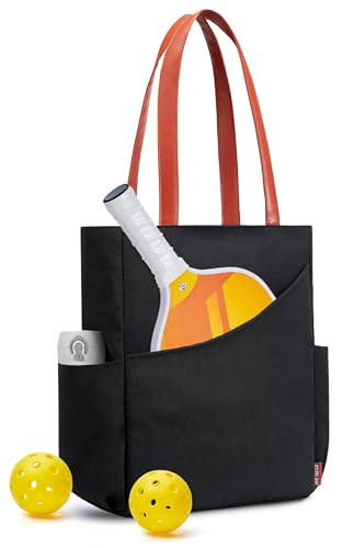 Pickleball Bag for Women Stylish Nylon Tote Fits 2 Paddle, Ball, Gear, Utility Shoulder Handbag for Sports - color: Black