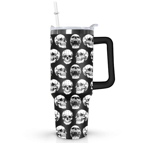 Ceovfoi Skull Tumbler with Handle, 40oz, Lid and Straw - Goth Halloween Decor for Women - color: Black