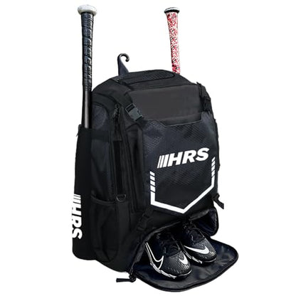 Hit Run Steal Large Baseball/Softball Bat Bag Backpack, Black - 4-Bat Capacity, Helmet and Glove Space, Vented Shoe Pocket, Padded Straps, Bottle Holder, Fence Hook