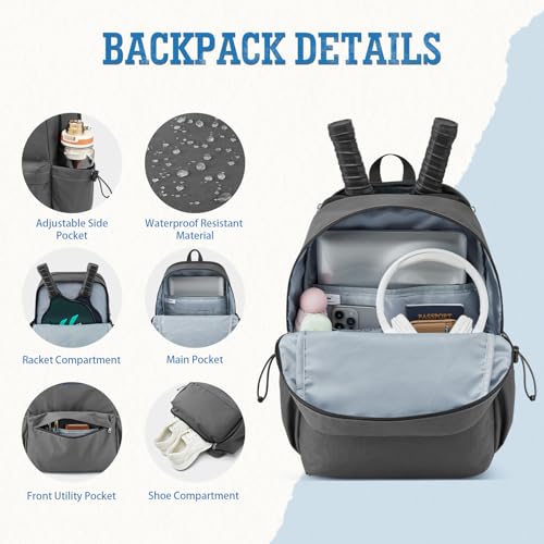 G4Free Pickleball Bag, Pickleball Backpack Fits 2 Paddles with Shoes Compartment and Fence Hook for Men and Women - color: Grey