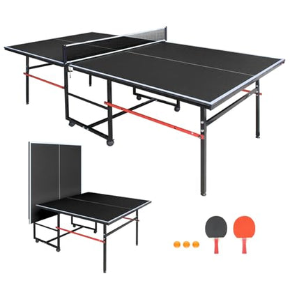 8FT Outdoor Ping Pong Table, Foldable & Portable Table Tennis Set with Net, 2 Paddles & 3 Balls, Game Table with Single Player Playback Mode - color: Black