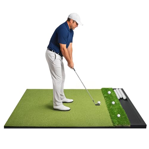 Golf Hitting Mat with Ball Tray 5x4ft - 6x4ft Dual-Turf Practice Mat for Indoor & Outdoor Use Golf Training Mat with Rubber Tee Holes, Suitable for Swing Driving & Chipping