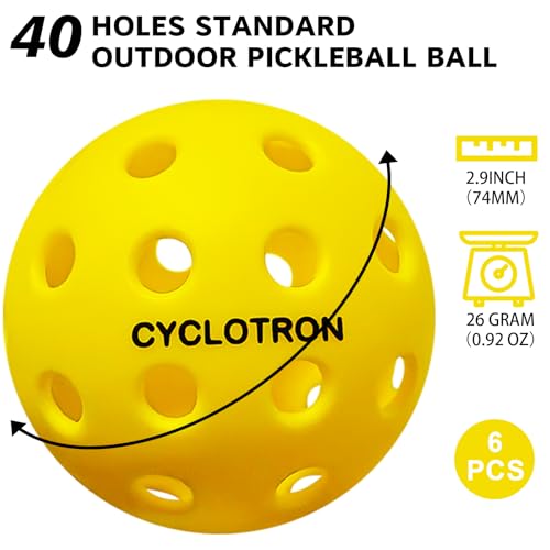 cyclotron 6-Pack Premium Pickleball Balls - USAP Approved, 40 Holes Outdoor/Indoor Pickle Balls with Bag, Perfectly Balanced, High Bounce True Flight, Pickle Ball for Tournament Play - color: yellow