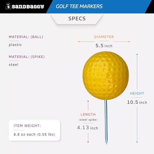 Sandbaggy Plastic Tee Markers for Golf Course (UV Resistant) - Steel Spike - Safety Caps Included - color: Yellow