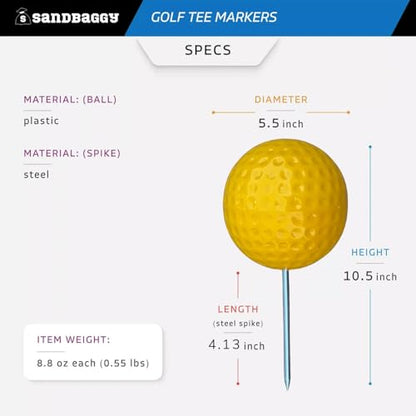Sandbaggy Plastic Tee Markers for Golf Course (UV Resistant) - Steel Spike - Safety Caps Included - color: Yellow