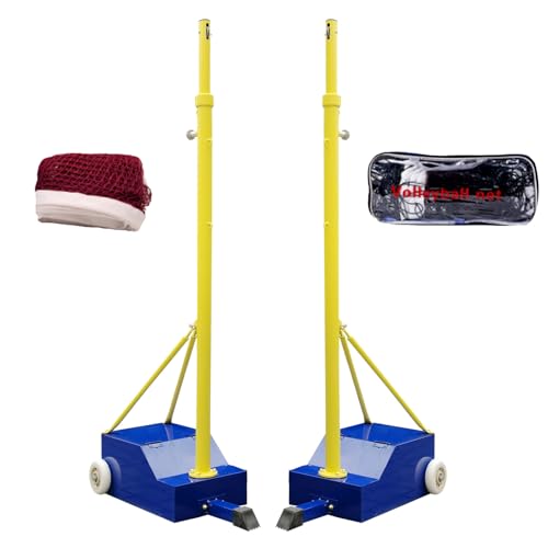 Portable Volleyball Poles,Blue Badminton Stand,Volleyball Net Outdoor with Wheels,Height Adjustable 5-6.9ft,Heavy Duty Steel Base,with Volleyball Net/Badminton Net,for Backyard Beach Indoor Outdoor