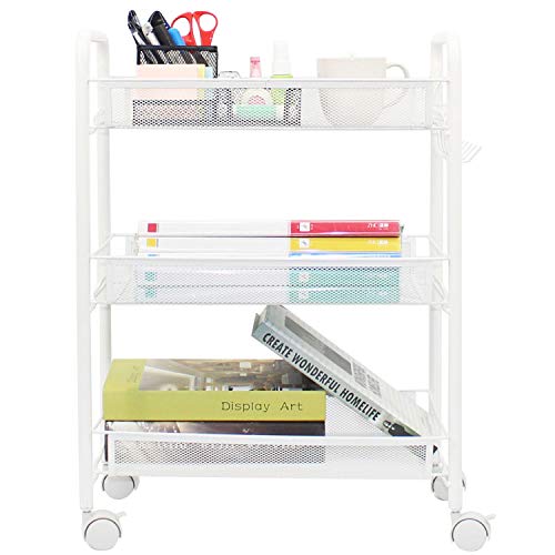 OVICAR Mesh Wire 3 Tier Rolling Cart, Kitchen Storage Utility Cart, Multifunction Basket Stand for Bathroom, Full Metal Storage Art Trolley Carts with Wheels & 4 Side Hooks (White) - color: White, size: 3 tier