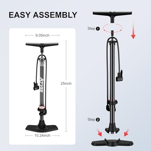 Bike Pump, 25” Height Full Size Bicycle Pump with 160 PSI High Pressure, Bike tire Pump with Presta and Schrader Valve, Bike Air Pump for Bike Tires, Balls and Swimming Ring,Bike Pumps with Psi Gauge