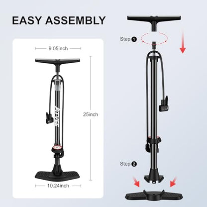 Bike Pump, 25” Height Full Size Bicycle Pump with 160 PSI High Pressure, Bike tire Pump with Presta and Schrader Valve, Bike Air Pump for Bike Tires, Balls and Swimming Ring,Bike Pumps with Psi Gauge