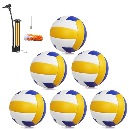 Magicorange Volleyball, 6 Pack Official Size 5 Volleyballs- PU Leather Indoor Outdoor Soft Touch Recreational Volleyballs for Beach Play, Game,Gym,Training -Includes Ball Pump - color: Blue Yellow