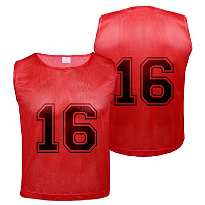 Athllete 12 pcs Duramesh Pinnies/Scrimmage Vest - Kids Youth and Adult Pinnies, Numbered Penny Jerseys for Soccer - color: Red Numbered Front/Back (13-24), size: Large