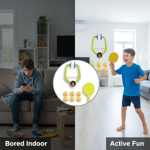 Fun Cartoon Hanging Table Tennis Trainer Kit, Doorway Table Tennis Set, 2 Paddles, 6 Balls, Adjustable Height, Coordination Training for Indoor Activity