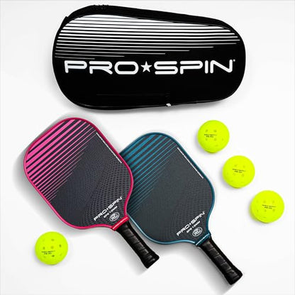 PRO-SPIN Carbon Fiber Pickleball Paddles Set of 2 | Lightweight Pickleball Set with Indoor/Outdoor Balls and Bag – Durable Pickle Ball Paddle Gift for Men, Women & Families - color: 2-Player Set | Blue/Pink
